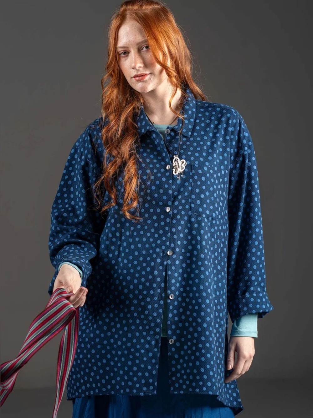 Gundrun Sjoden Woven “Olivia” shirt in organic cotton Blue Polka Dot Large
